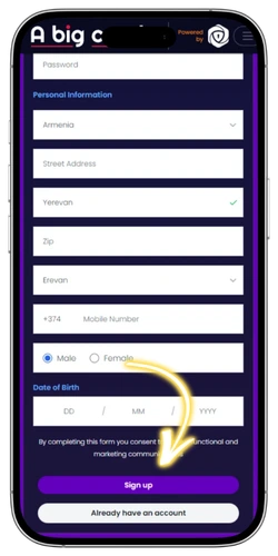 A Big Candy Casino login sign up form submission
